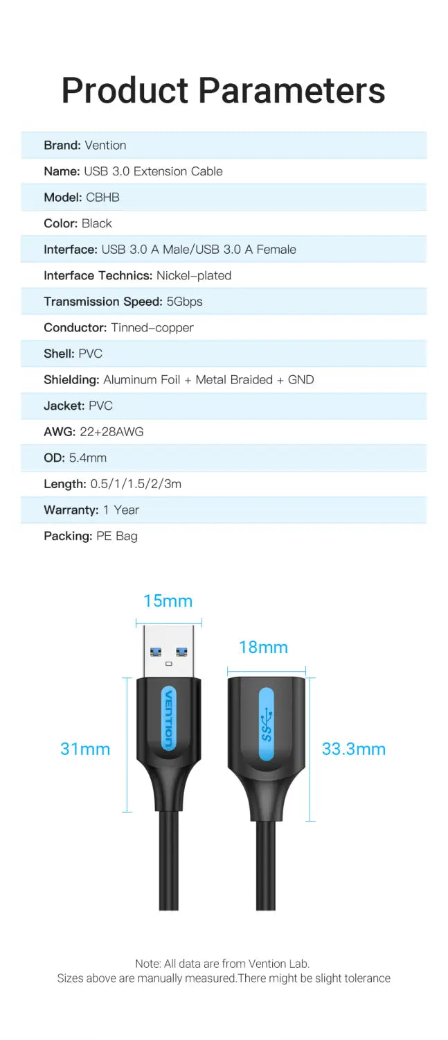 Vention USB 3.0 Extension Cable USB 3.0 2.0 Cable Extender Data Cord for PC Smart TV Xbox One SSD Fast Speed USB Cable