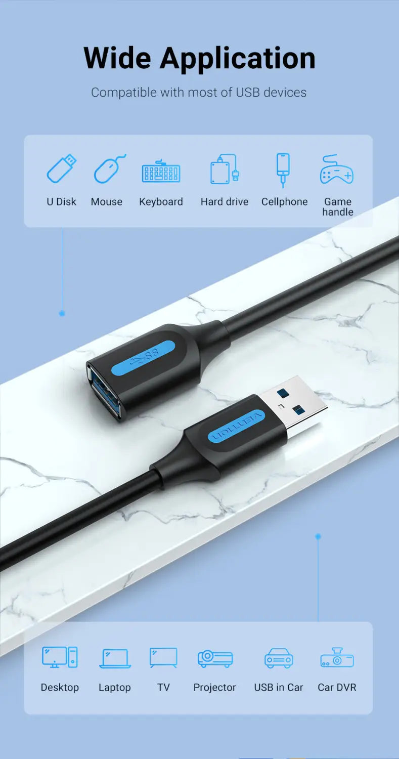 Vention USB 3.0 Extension Cable USB 3.0 2.0 Cable Extender Data Cord for PC Smart TV Xbox One SSD Fast Speed USB Cable