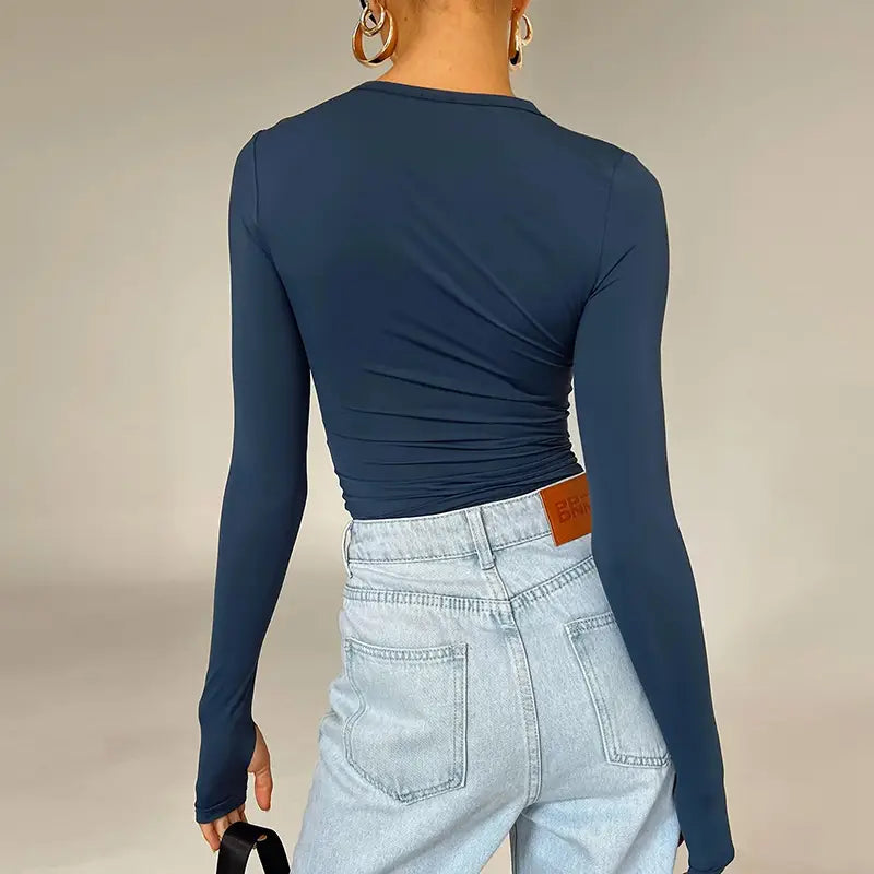 Fashion Women T-shirt Long Sleeve Crew Neck Solid Slim Fit Ladies Crop Top with Thumb Holes for Daily Streetwear Summer
