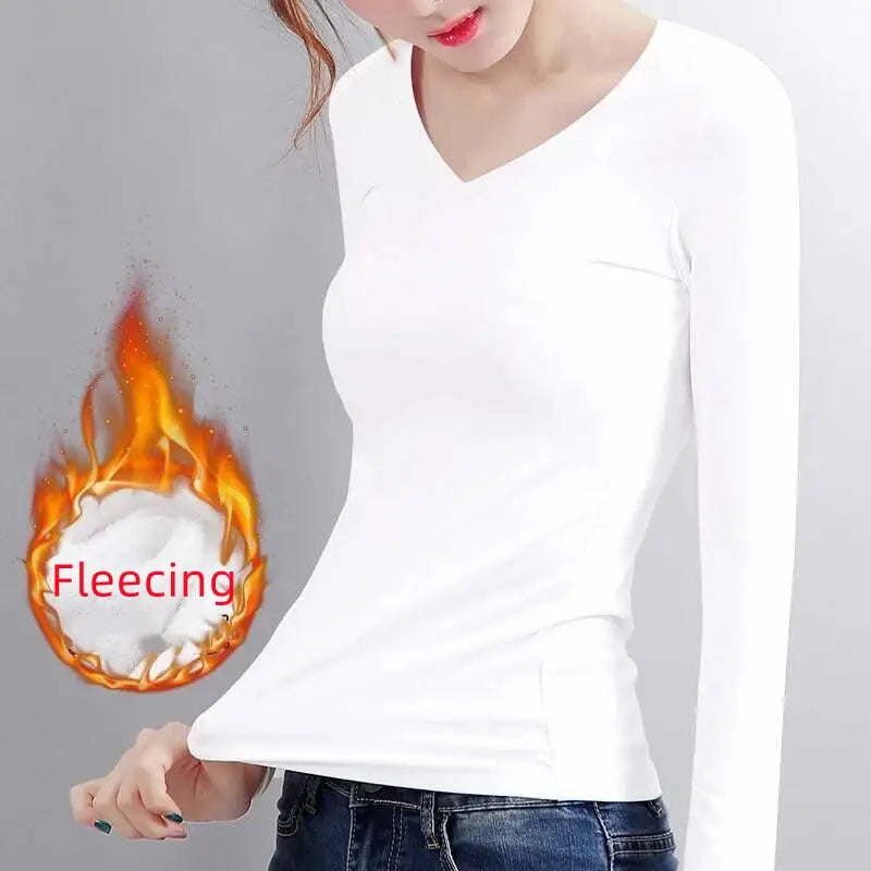 Women Thermal Underwear Winter Turtleneck Bottom Shirt Solid Semi High Collar Long Sleeve Basic T-Shirt Heating Fiber