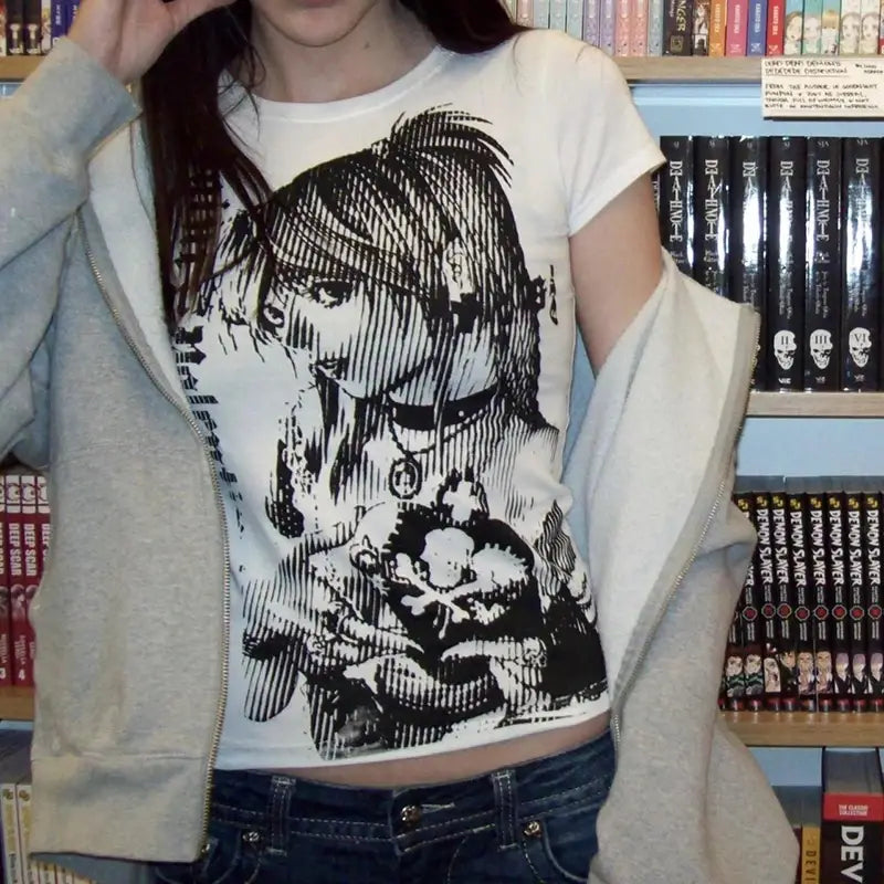 Y2k anime Streetwear O-neck 90s Text Printing Tops Women Harajuku Clothes Simple Vintage Crop Tee Aesthetic emo Casual