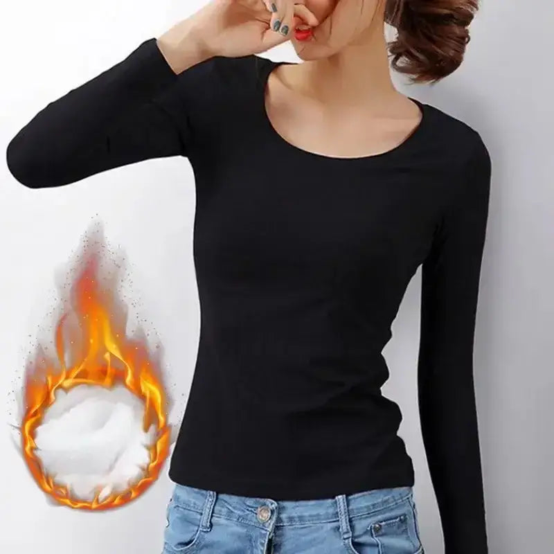 Women Thermal Underwear Winter Turtleneck Bottom Shirt Solid Semi High Collar Long Sleeve Basic T-Shirt Heating Fiber