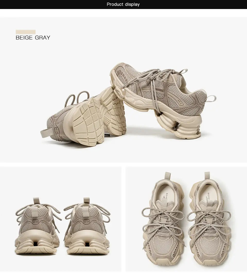 Beautiful Shoe’s BEAUTODAY Chunky Sneakers Women Synthetic Leather Mesh Mixed Color Round Toe Lace-Up Sports Trainer