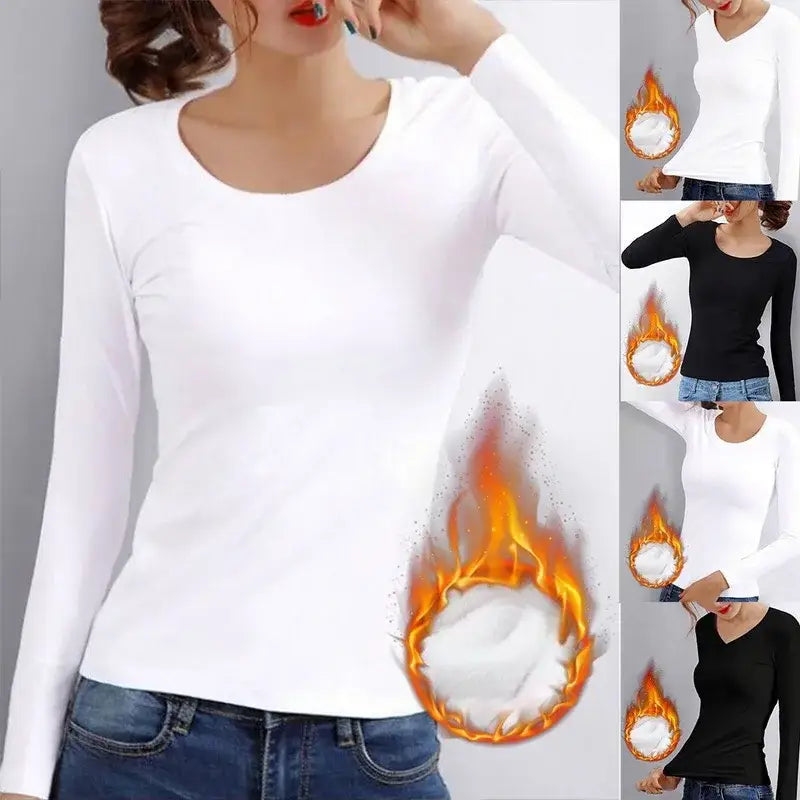 Women Thermal Underwear Winter Turtleneck Bottom Shirt Solid Semi High Collar Long Sleeve Basic T-Shirt Heating Fiber