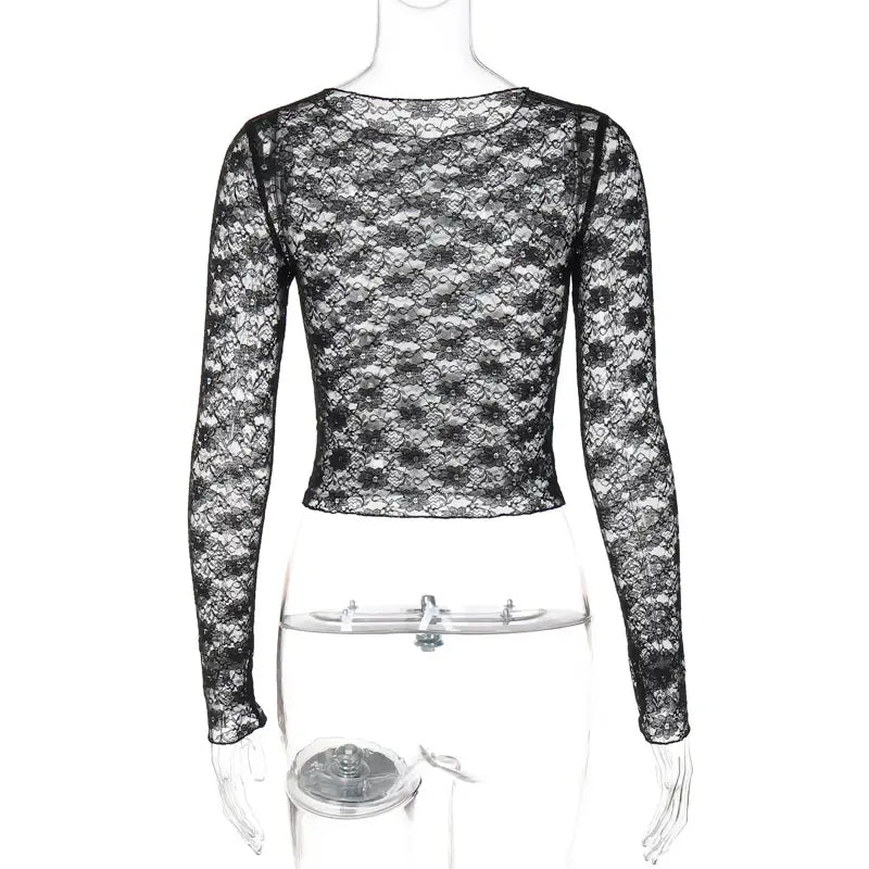 Mooyufon Long Sleeves See Through Lace Crop Top Solid Sexy Bodycon T-Shirt For Women Party Club Autumn Winter Clothes