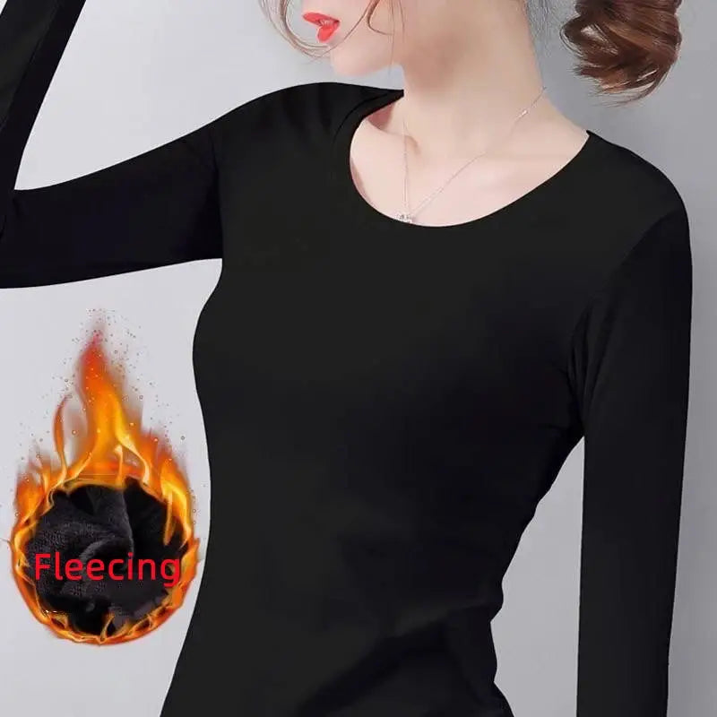 Women Thermal Underwear Winter Turtleneck Bottom Shirt Solid Semi High Collar Long Sleeve Basic T-Shirt Heating Fiber