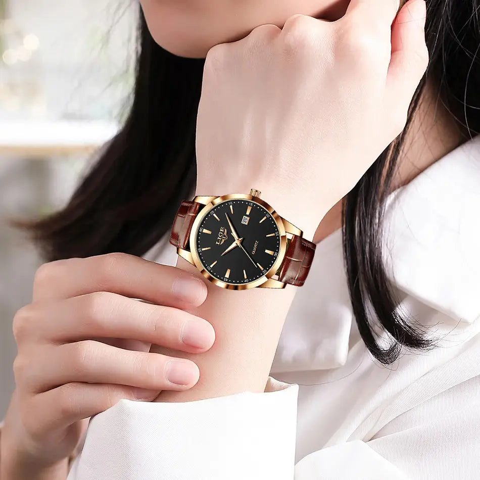Montre LIGE Women Waterproof Leather Chronograph Watch
