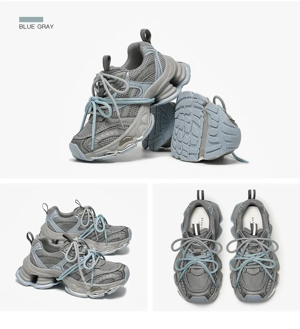 Beautiful Shoe’s BEAUTODAY Chunky Sneakers Women Synthetic Leather Mesh Mixed Color Round Toe Lace-Up Sports Trainer