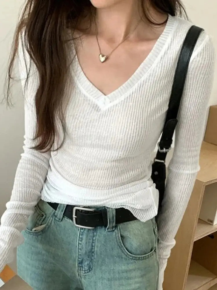 Women Long Sleeve T Shirt Thin Perspective Summer Solid Slim Casual Shirts Female Pullovers Basic Tee Y2k Clothes
