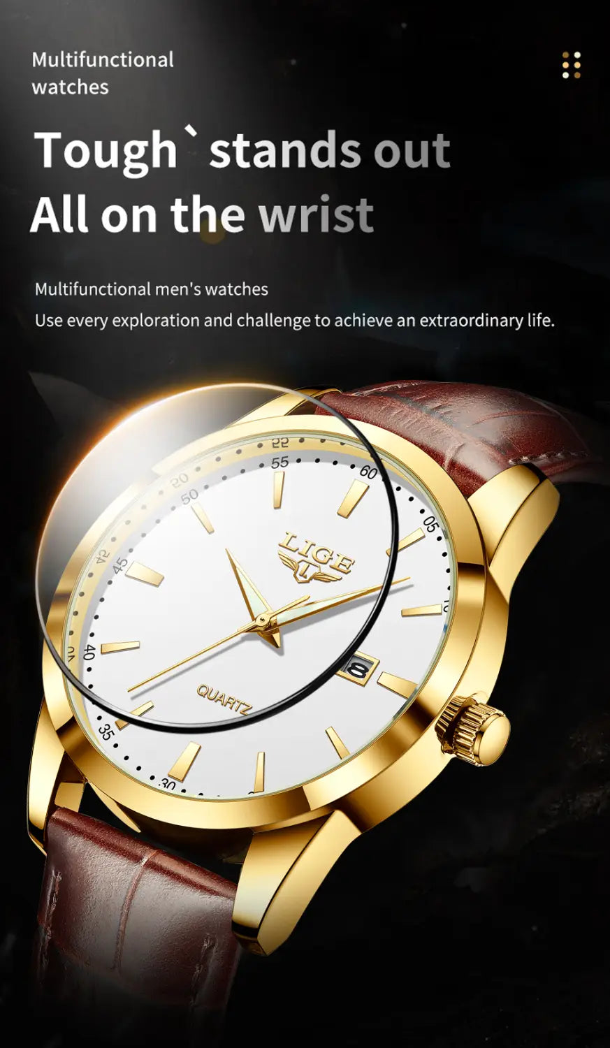 Montre LIGE Women Waterproof Leather Chronograph Watch