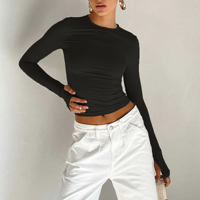 Fashion Women T-shirt Long Sleeve Crew Neck Solid Slim Fit Ladies Crop Top with Thumb Holes for Daily Streetwear Summer