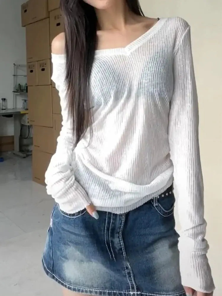 Women Long Sleeve T Shirt Thin Perspective Summer Solid Slim Casual Shirts Female Pullovers Basic Tee Y2k Clothes