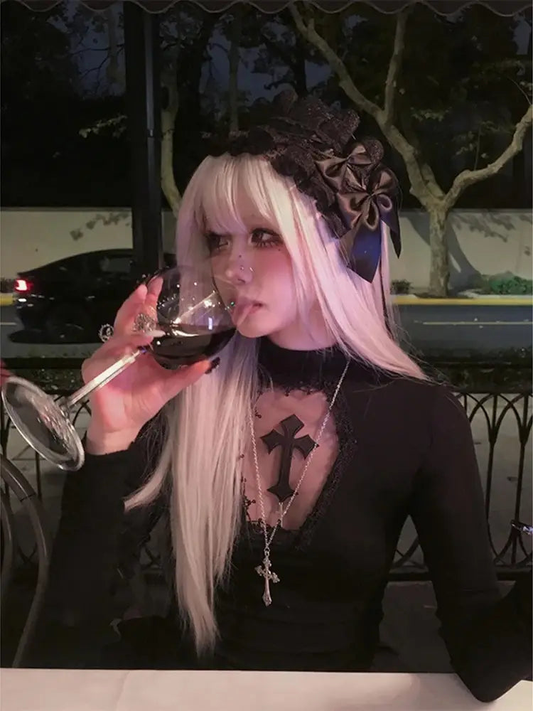Turtleneck Top Y2k Clothes Black Gothic Cross Hollow Slimming Bottom T Shirt for Women Long Sleeve Sexy T-shirt Girls