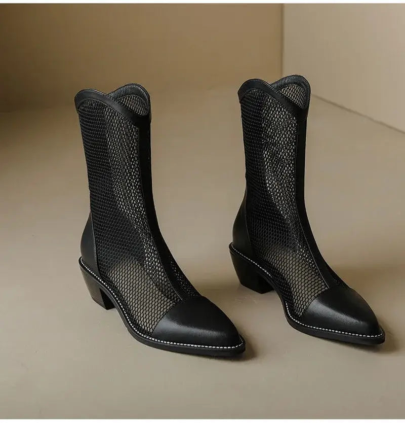 Beautiful Shoe’s New Fashion Mesh Sandals Boots Women Mid Heels Shoes Sexy Hollow Out Summer Botas Pointed Toe Heeled