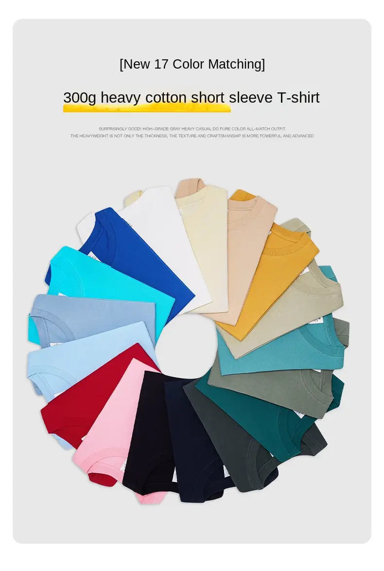 Beige 300g Heavyweight Cotton Short Sleeved T-shirt Summer Round Neck Loose and Base Shirt for Men Women Basic Tee