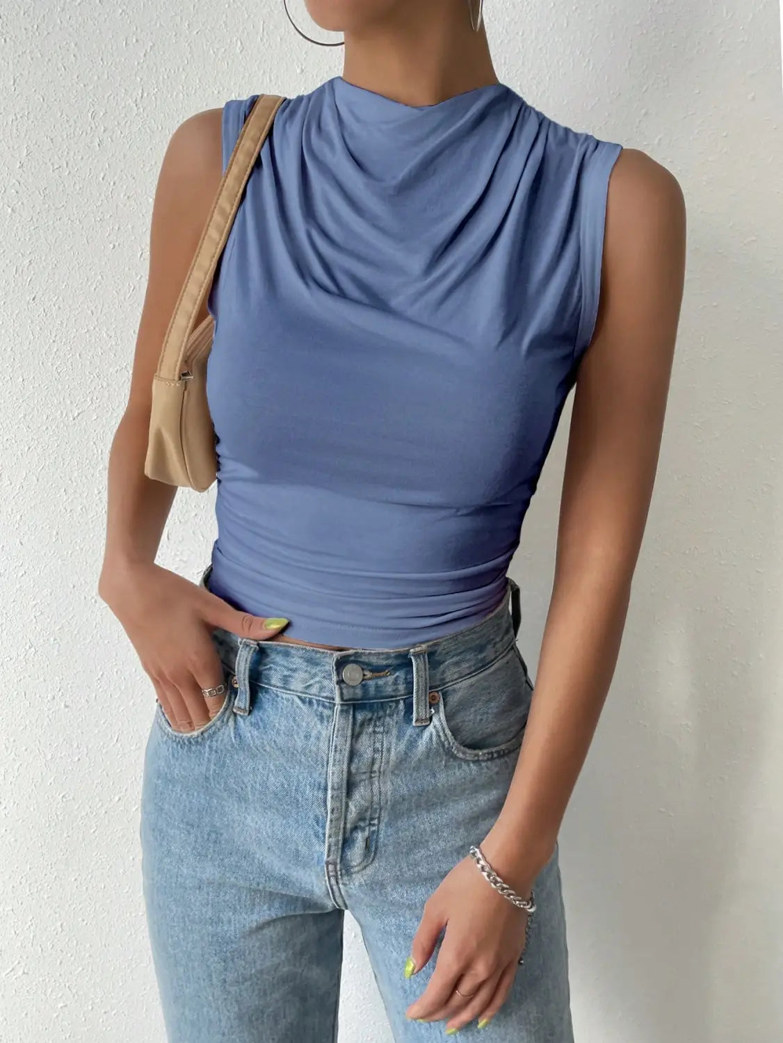 Women’s Casual Pleated Design Top Summer Fashion Street Style Solid Color Slim Half High Neck Sleeveless T-Shirt Top