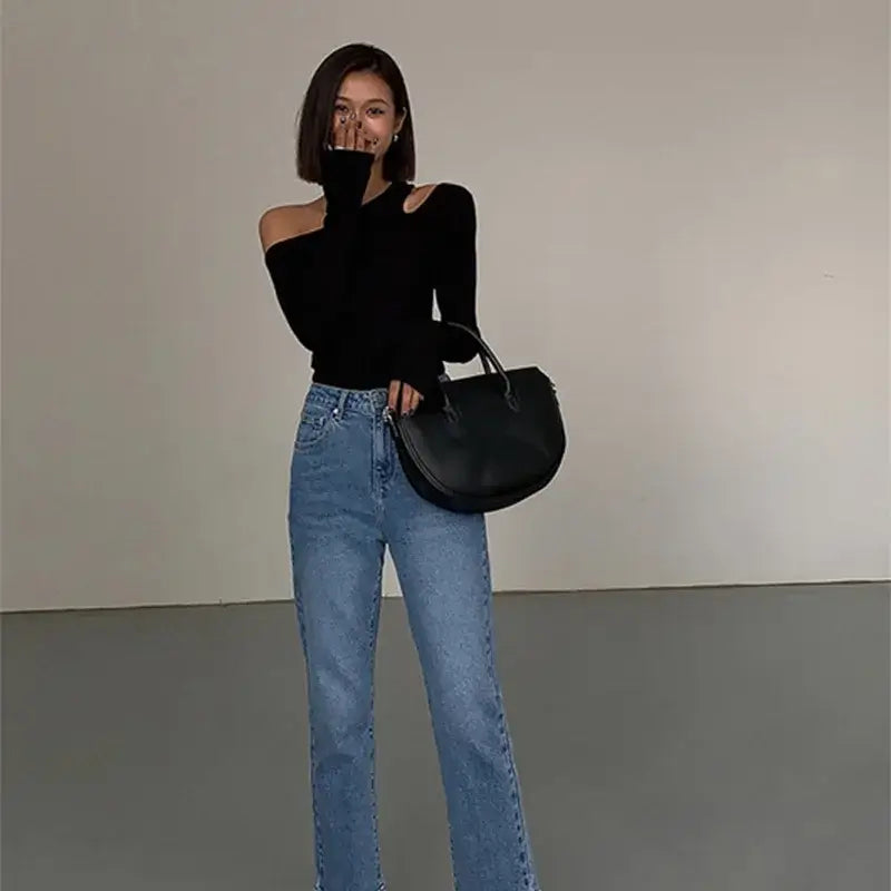 Fashion Skew Collar Off-shoulder Long-sleeved T-shirts Women Spring New Solid Slim Fit Crop Top Sexy Hollow Out Tees