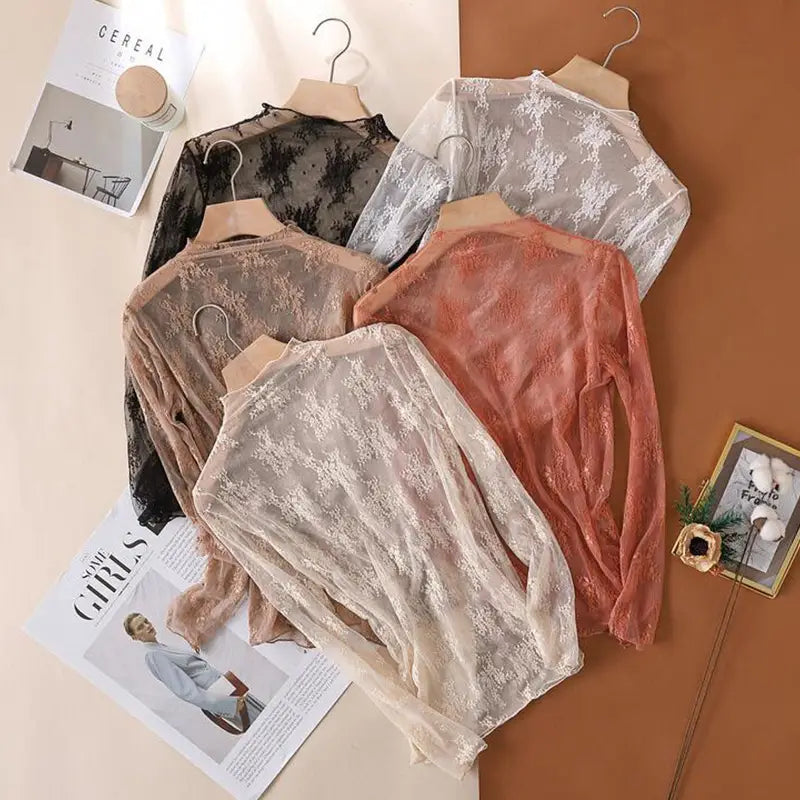 Sexy Women Mesh T-Shirts Transparent Lace Blouse Long Sleeve See Through Tops For Women Bottoming Shirt Sheer Tees Body