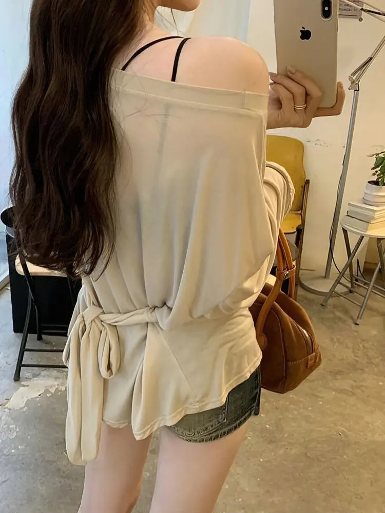 See Through Long sleeve Oversize T shirt Women Sexy Back Bandage Off shoulder Top Female Basic Long Tees Korean Chic