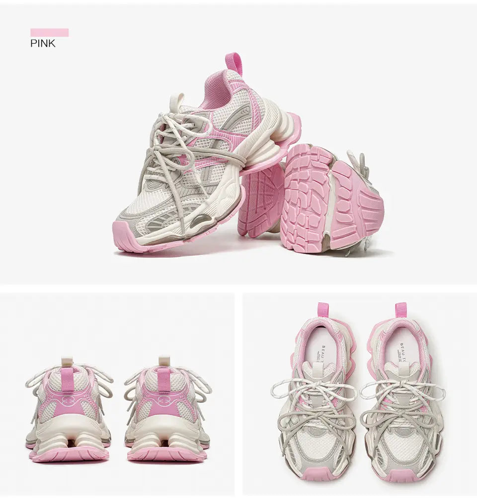 Beautiful Shoe’s BEAUTODAY Chunky Sneakers Women Synthetic Leather Mesh Mixed Color Round Toe Lace-Up Sports Trainer