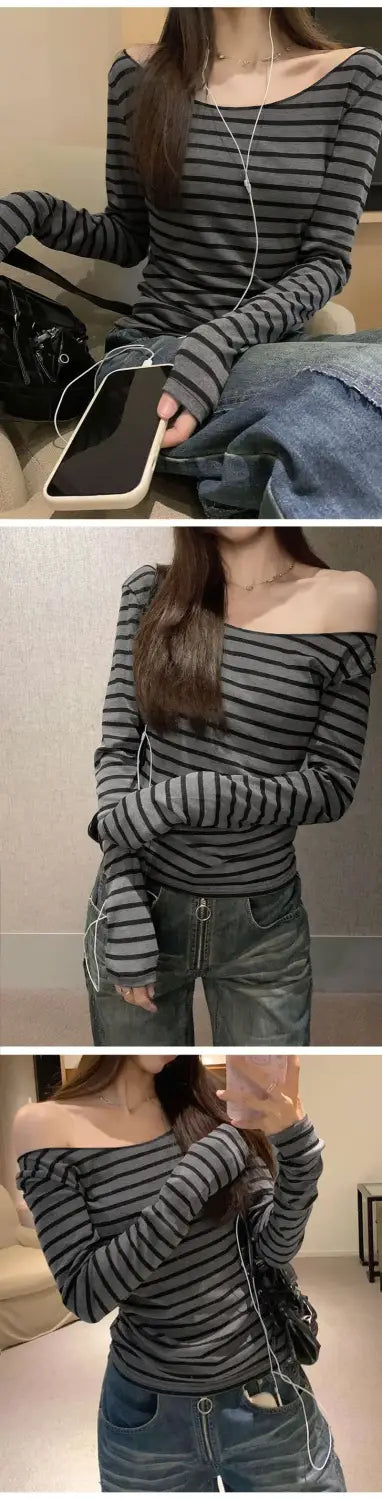 Spring Fall Women’s New Japanese Basic Models Slim Long-Sleeved Striped t-Shirt Strapless Korean Street Style y2k Thin