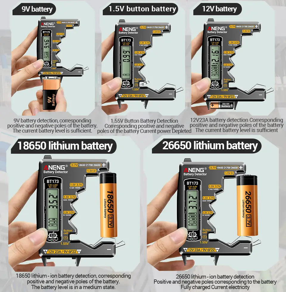 ANENG BT173 Battery Voltage Digital Display Tester Portable Universal High Precision 12V 23A/9V 6F22 Button Cell