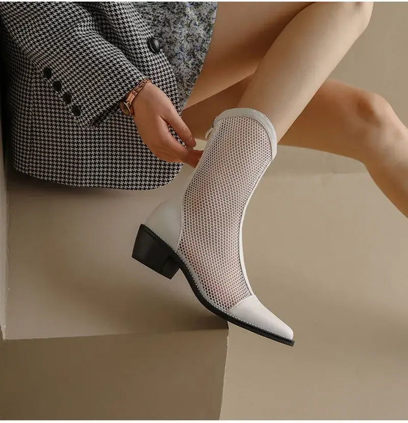 Beautiful Shoe’s New Fashion Mesh Sandals Boots Women Mid Heels Shoes Sexy Hollow Out Summer Botas Pointed Toe Heeled