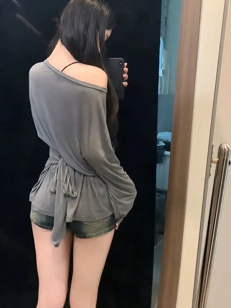 See Through Long sleeve Oversize T shirt Women Sexy Back Bandage Off shoulder Top Female Basic Long Tees Korean Chic