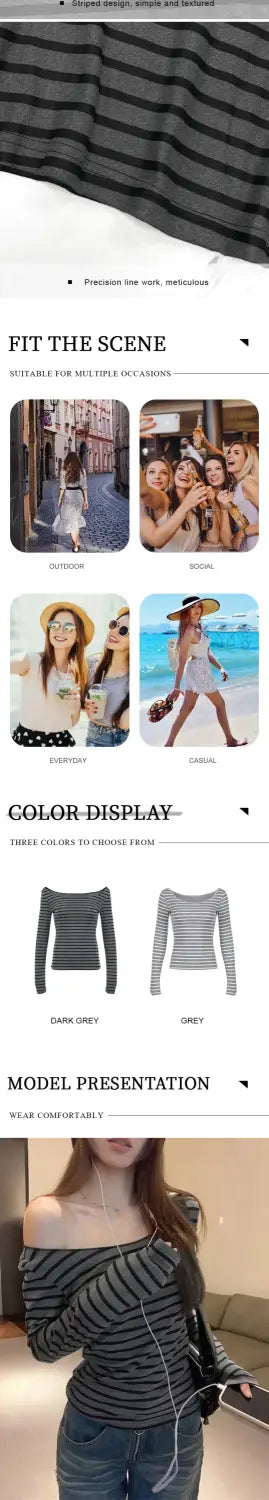 Spring Fall Women’s New Japanese Basic Models Slim Long-Sleeved Striped t-Shirt Strapless Korean Street Style y2k Thin