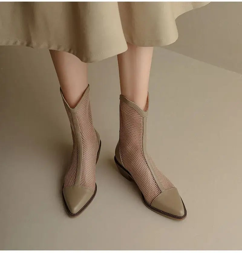Beautiful Shoe’s New Fashion Mesh Sandals Boots Women Mid Heels Shoes Sexy Hollow Out Summer Botas Pointed Toe Heeled