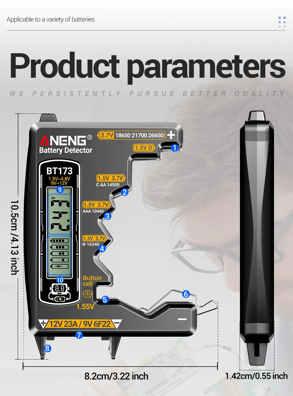 ANENG BT173 Battery Voltage Digital Display Tester Portable Universal High Precision 12V 23A/9V 6F22 Button Cell