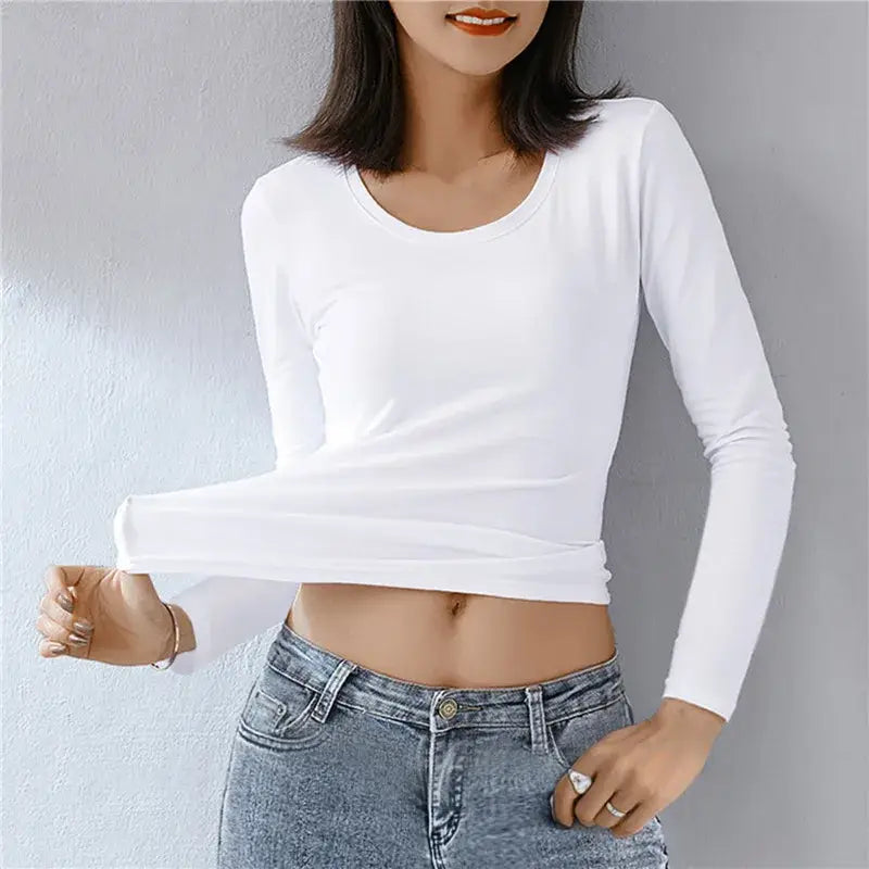 Women Thermal Underwear Winter Turtleneck Bottom Shirt Solid Semi High Collar Long Sleeve Basic T-Shirt Heating Fiber