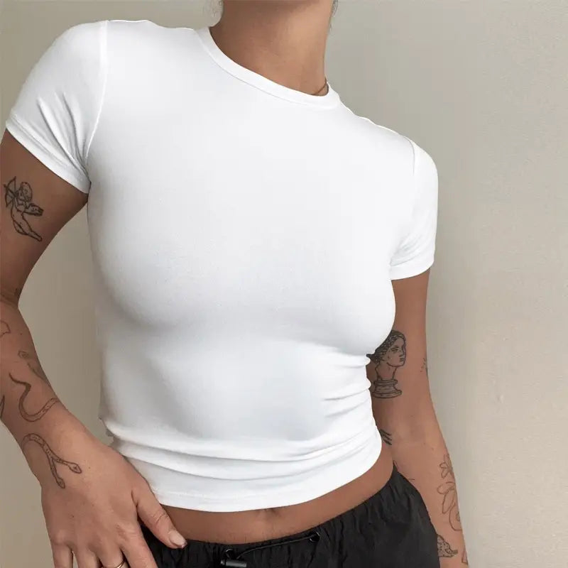 Woman Clothing Short Sleeve T-shirt Slim Fit Tops Female O-Neck Knitted Sheath Tee Shirt Street Wear Sex Sporty 2024