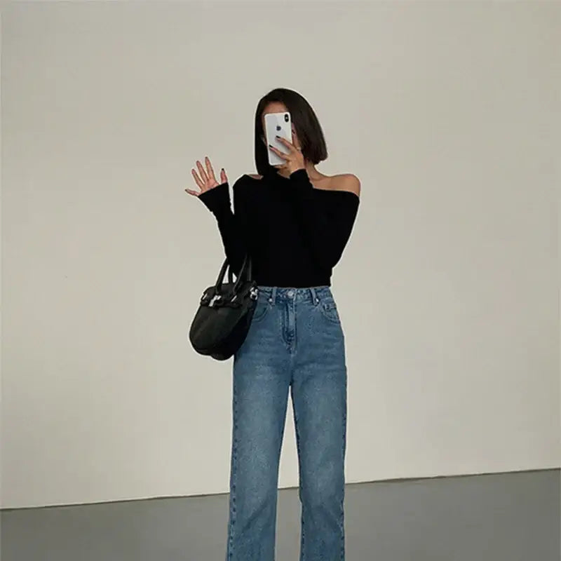 Fashion Skew Collar Off-shoulder Long-sleeved T-shirts Women Spring New Solid Slim Fit Crop Top Sexy Hollow Out Tees