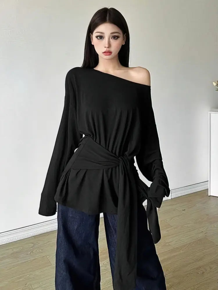 See Through Long sleeve Oversize T shirt Women Sexy Back Bandage Off shoulder Top Female Basic Long Tees Korean Chic