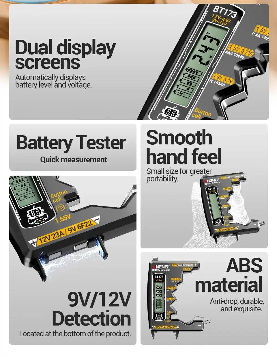 ANENG BT173 Battery Voltage Digital Display Tester Portable Universal High Precision 12V 23A/9V 6F22 Button Cell