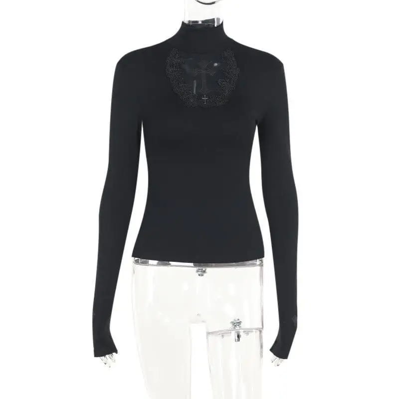 Turtleneck Top Y2k Clothes Black Gothic Cross Hollow Slimming Bottom T Shirt for Women Long Sleeve Sexy T-shirt Girls