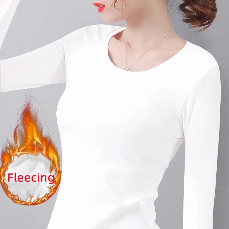 Women Thermal Underwear Winter Turtleneck Bottom Shirt Solid Semi High Collar Long Sleeve Basic T-Shirt Heating Fiber