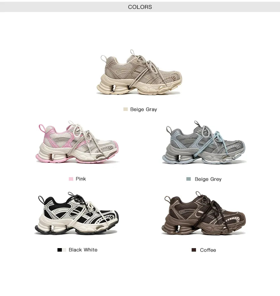 Beautiful Shoe’s BEAUTODAY Chunky Sneakers Women Synthetic Leather Mesh Mixed Color Round Toe Lace-Up Sports Trainer