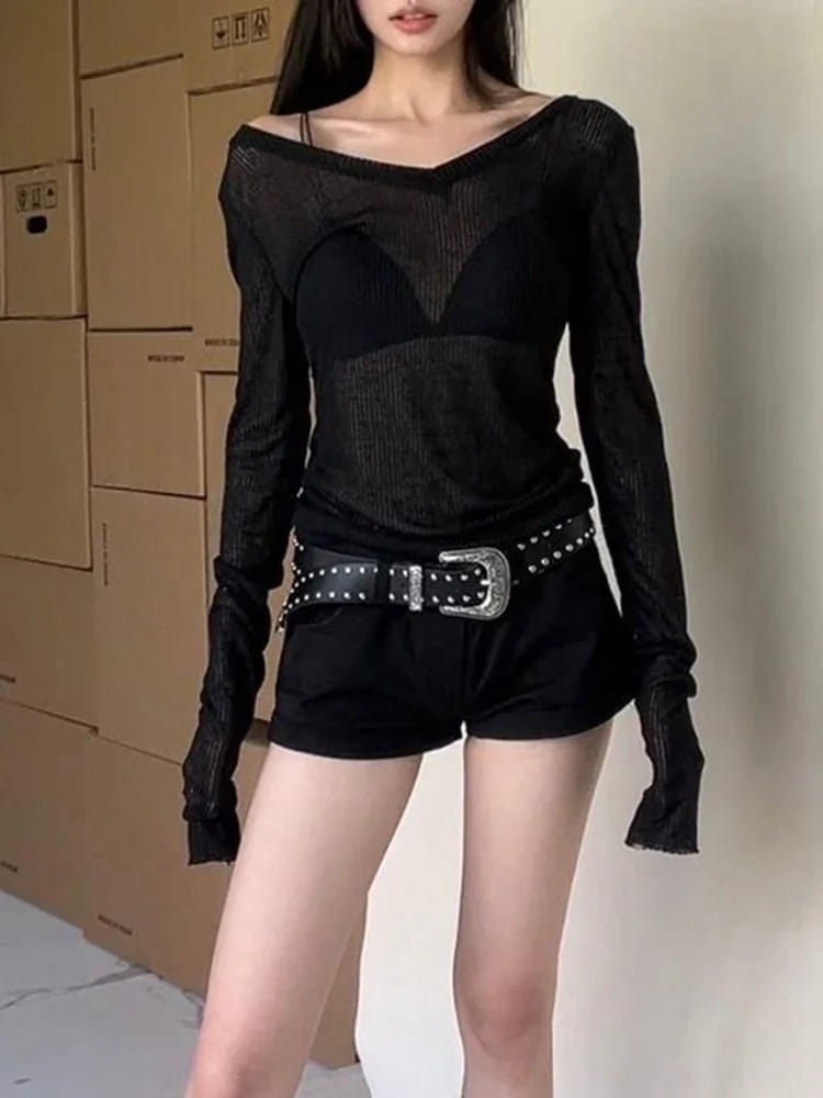 Women Long Sleeve T Shirt Thin Perspective Summer Solid Slim Casual Shirts Female Pullovers Basic Tee Y2k Clothes