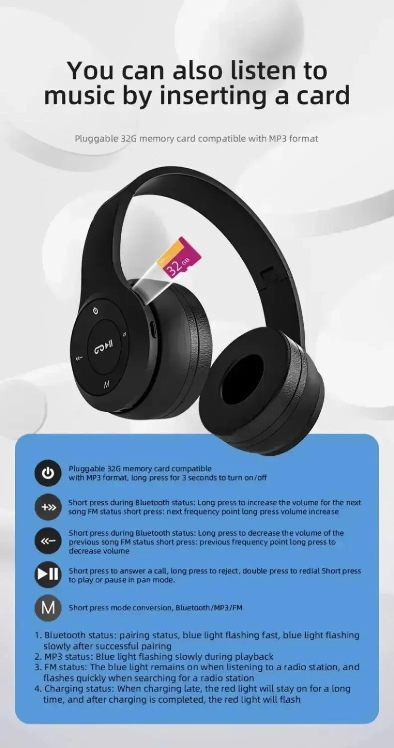 Multifunctional Portable Foldable Headmounted Wireless Bluetooth 5.0 Headset For Bluetooth connection TF Card Wired