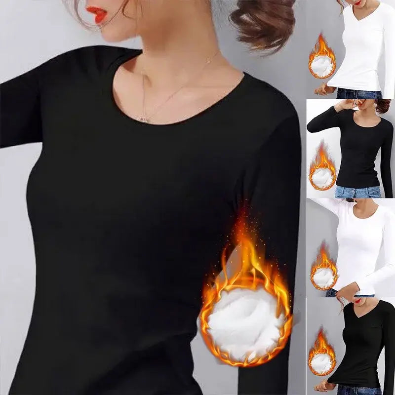Women Thermal Underwear Winter Turtleneck Bottom Shirt Solid Semi High Collar Long Sleeve Basic T-Shirt Heating Fiber