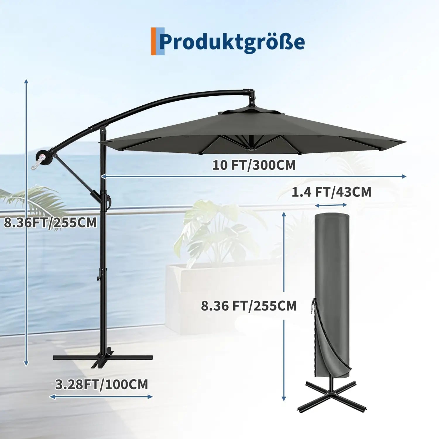 300cm Cantilever Patio Umbrella 360° Rotating Outdoor Parasol Crank & Tilt Water Resistant Garden Sunshade With Stand
