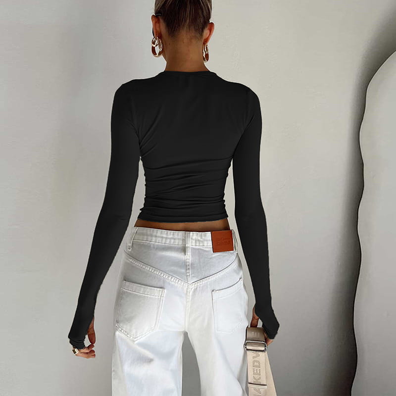 Fashion Women T-shirt Long Sleeve Crew Neck Solid Slim Fit Ladies Crop Top with Thumb Holes for Daily Streetwear Summer