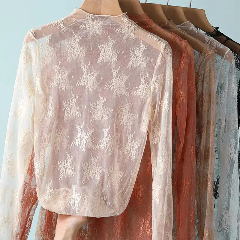 Sexy Women Mesh T-Shirts Transparent Lace Blouse Long Sleeve See Through Tops For Women Bottoming Shirt Sheer Tees Body