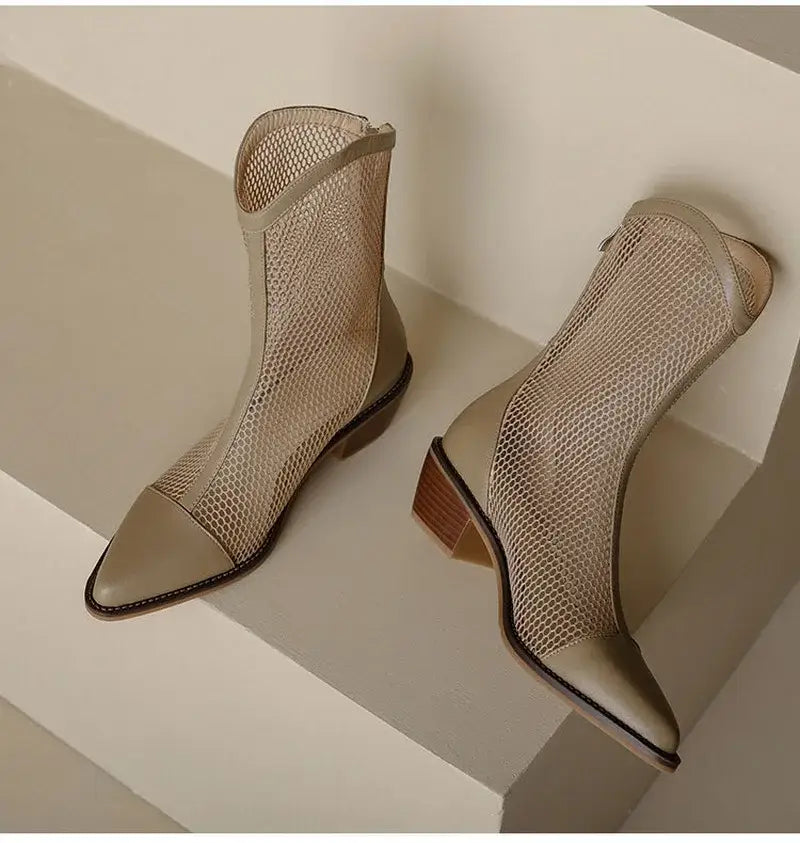 Beautiful Shoe’s New Fashion Mesh Sandals Boots Women Mid Heels Shoes Sexy Hollow Out Summer Botas Pointed Toe Heeled