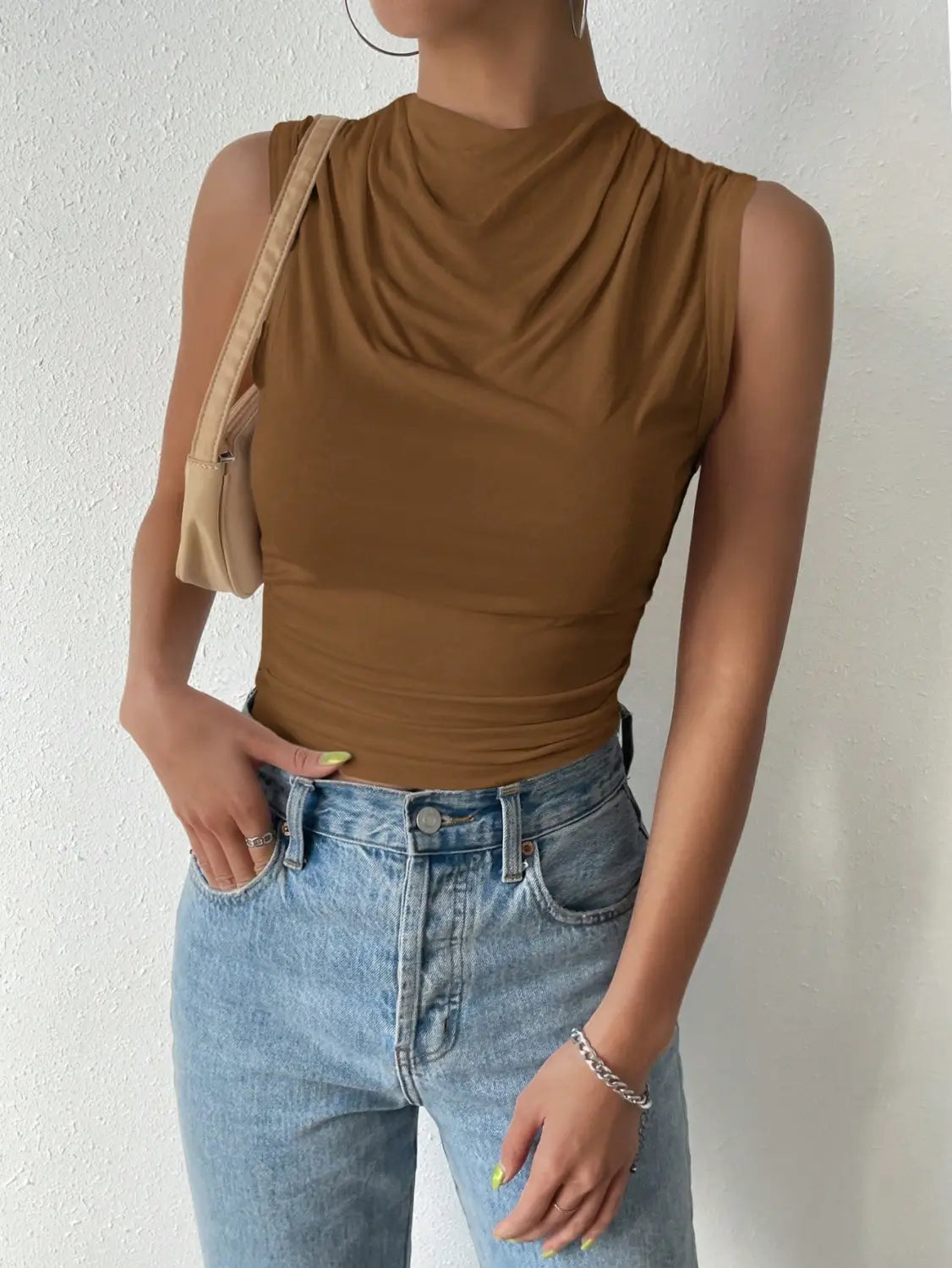 Women’s Casual Pleated Design Top Summer Fashion Street Style Solid Color Slim Half High Neck Sleeveless T-Shirt Top