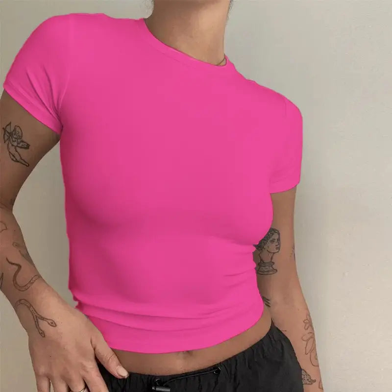Woman Clothing Short Sleeve T-shirt Slim Fit Tops Female O-Neck Knitted Sheath Tee Shirt Street Wear Sex Sporty 2024