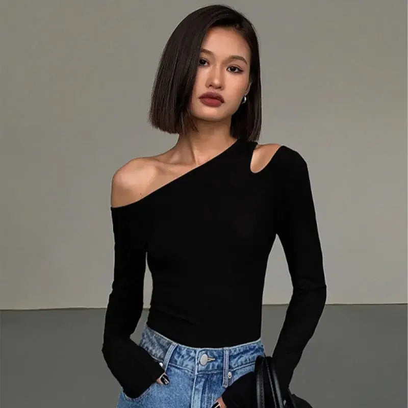 Fashion Skew Collar Off-shoulder Long-sleeved T-shirts Women Spring New Solid Slim Fit Crop Top Sexy Hollow Out Tees