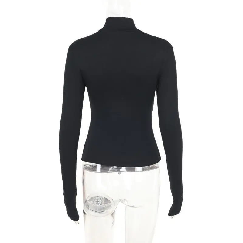 Turtleneck Top Y2k Clothes Black Gothic Cross Hollow Slimming Bottom T Shirt for Women Long Sleeve Sexy T-shirt Girls